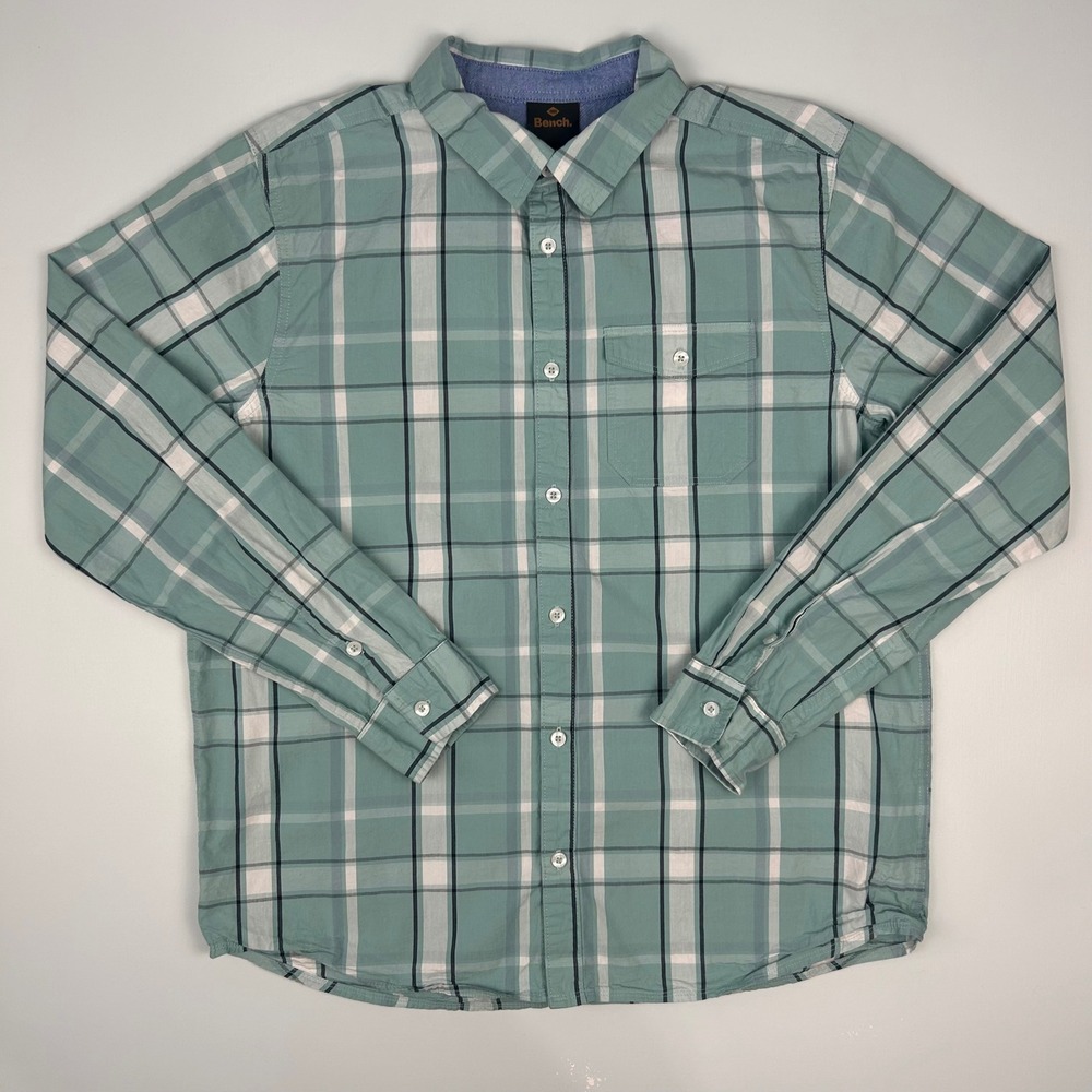 Bench Mens Plaid Button Down Shirt Teal Green White Long Sleeve XL EU‎ 54